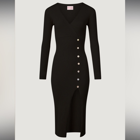 Rouje Paris Mila Midi Dress Black Eyelet Ribbed sweater faux wrap v neck button - Picture 3 of 15